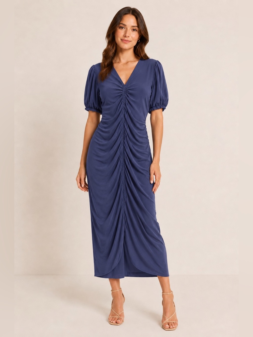 Flattering tummy hiding Elegant Navy Blue Ruched Midi / maxi Dress for Women
